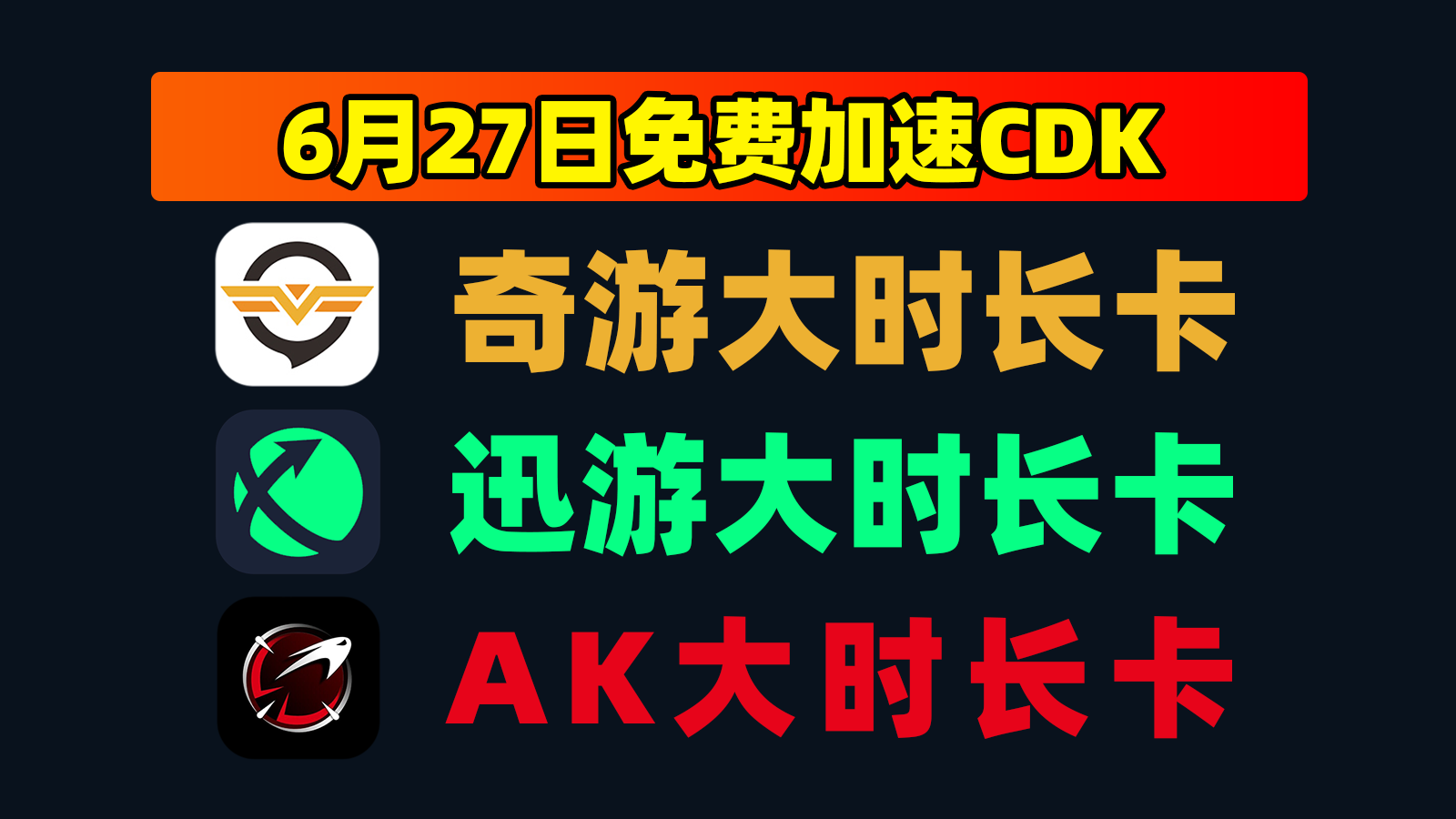 6.27发码迅游加速器口令周卡+AK体验卡，戳此速取！